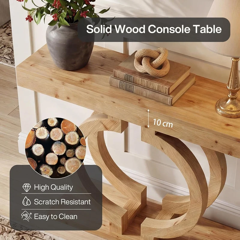 Console en bois massif, Table d'entrée de 110 cm de long en bois naturel avec un double piètement circulaire artistique, table d'appoint étroite