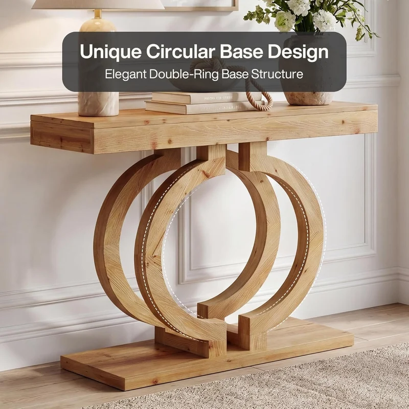Console en bois massif, Table d'entrée de 110 cm de long en bois naturel avec un double piètement circulaire artistique, table d'appoint étroite