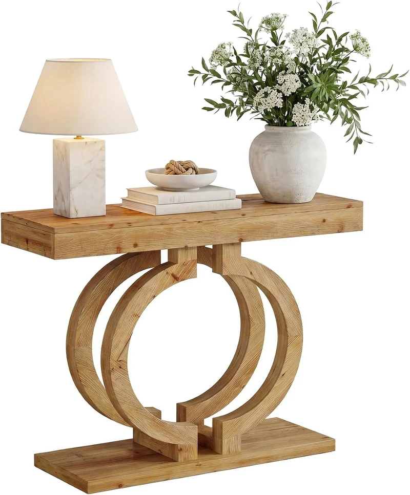 Console en bois massif, Table d'entrée de 110 cm de long en bois naturel avec un double piètement circulaire artistique, table d'appoint étroite