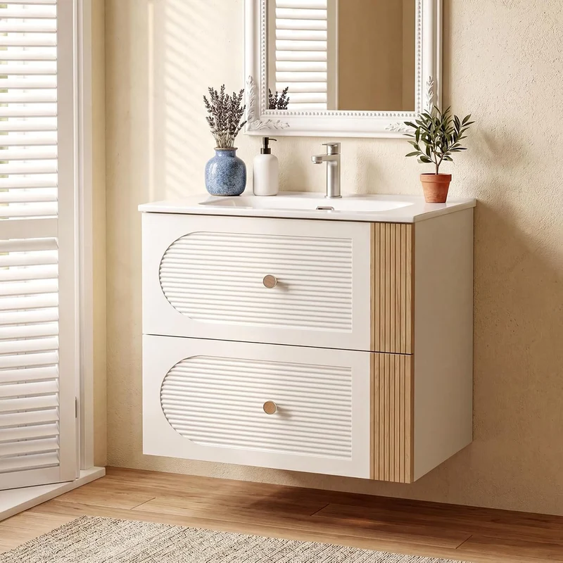 Tribesigns Meuble vasque avec lavabo en céramique 60 cm, Blanc Fixation murale, 2 tiroirs, aspect chêne clair