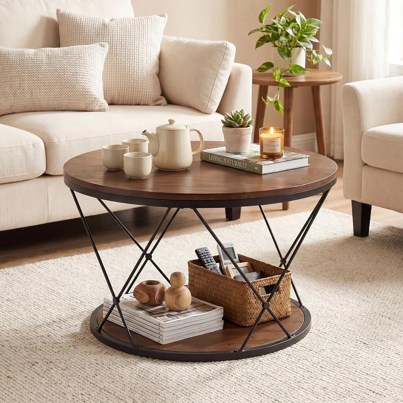 Table basse ronde de 80 cm, style industriel, en bois massif avec étagère inférieure, idéale pour les petits espaces