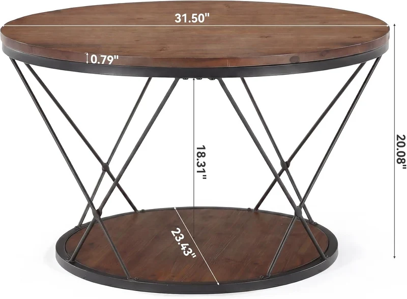 Table basse ronde de 80 cm, style industriel, en bois massif avec étagère inférieure, idéale pour les petits espaces
