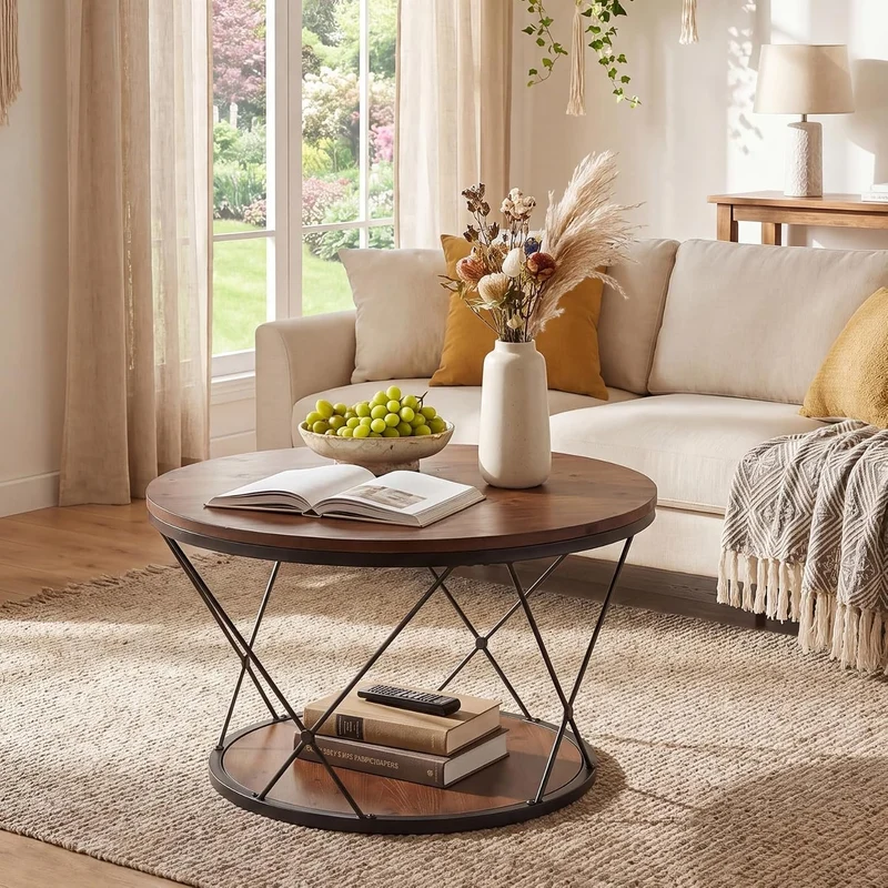Table basse ronde de 80 cm, style industriel, en bois massif avec étagère inférieure, idéale pour les petits espaces