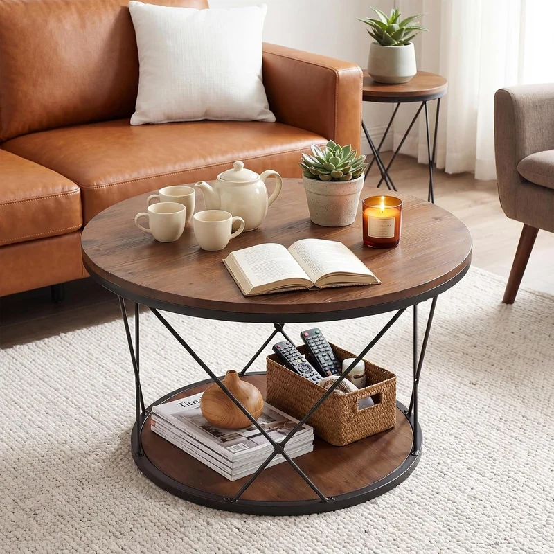 Table basse ronde de 80 cm, style industriel, en bois massif avec étagère inférieure, idéale pour les petits espaces