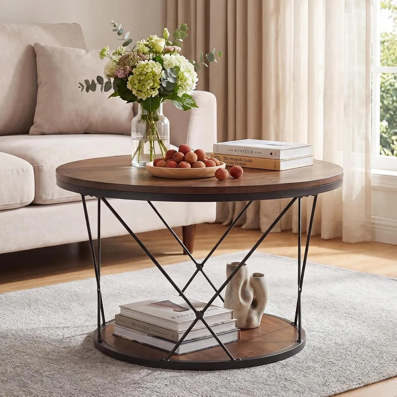 Table basse ronde de 80 cm, style industriel, en bois massif avec étagère inférieure, idéale pour les petits espaces