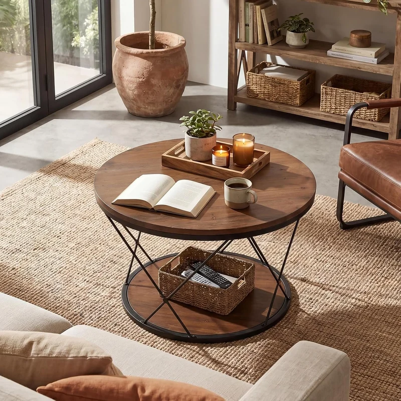 Table basse ronde de 80 cm, style industriel, en bois massif avec étagère inférieure, idéale pour les petits espaces