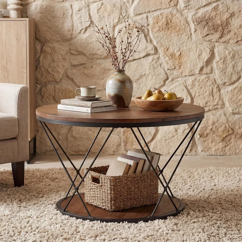 Table basse ronde de 80 cm, style industriel, en bois massif avec étagère inférieure, idéale pour les petits espaces