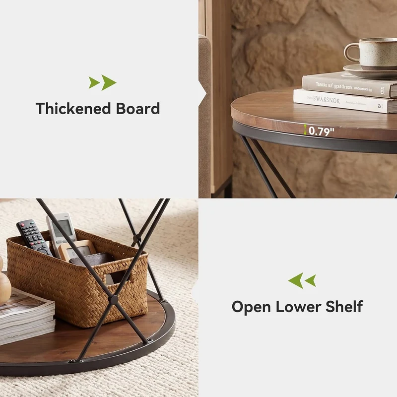 Table basse ronde de 80 cm, style industriel, en bois massif avec étagère inférieure, idéale pour les petits espaces