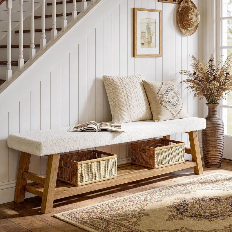 Banc à chaussures capitonné 140 cm, Banc à 2 niveaux avec rangement, banc d'appoint en bois massif, style champêtre, blanc et marron