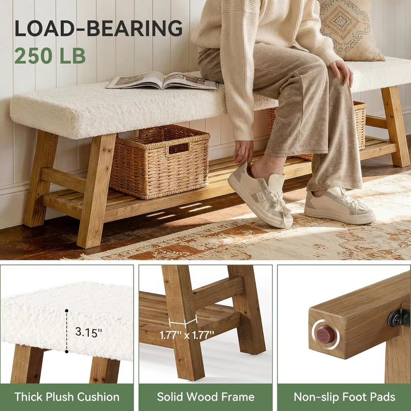 Banc à chaussures capitonné 140 cm, Banc à 2 niveaux avec rangement, banc d'appoint en bois massif, style champêtre, blanc et marron