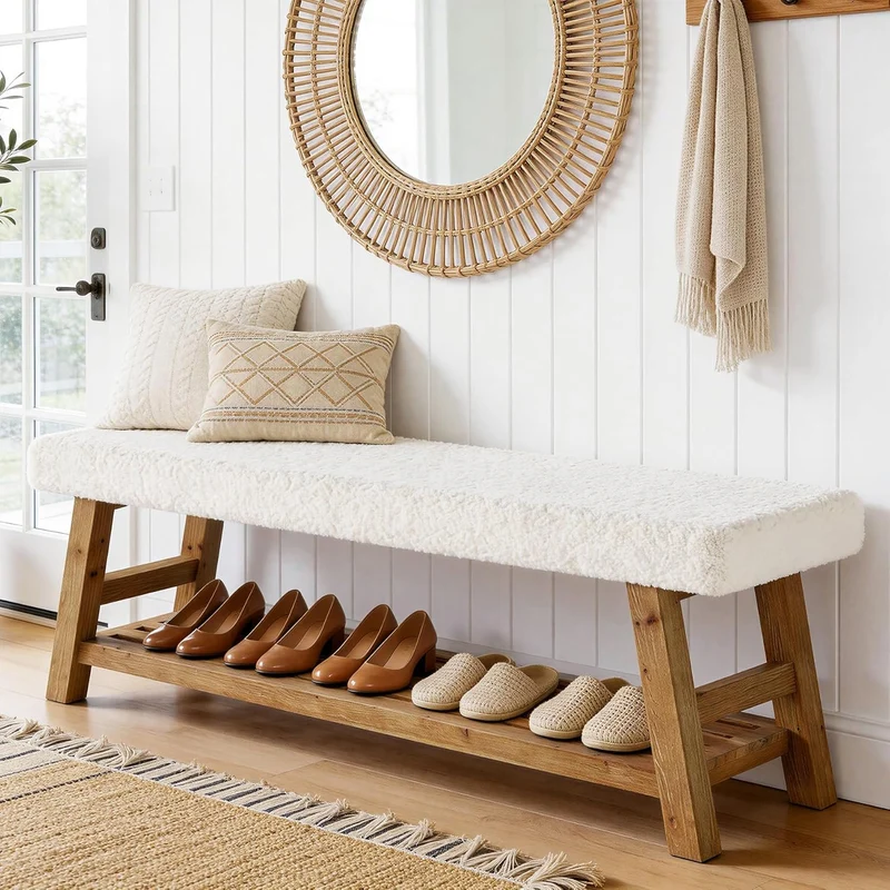 Banc à chaussures capitonné 140 cm, Banc à 2 niveaux avec rangement, banc d'appoint en bois massif, style champêtre, blanc et marron