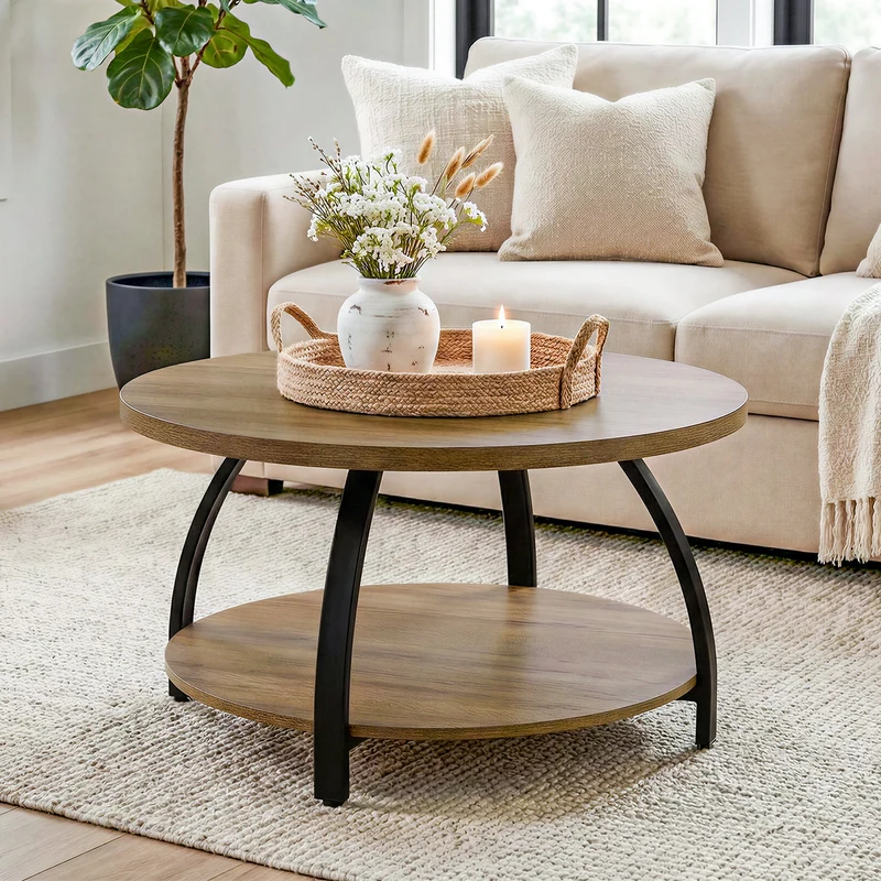 Tribesigns Table basse ronde de 80 cm avec 2 étagères, Petite table d'appoint de style industriel avec pieds en métal