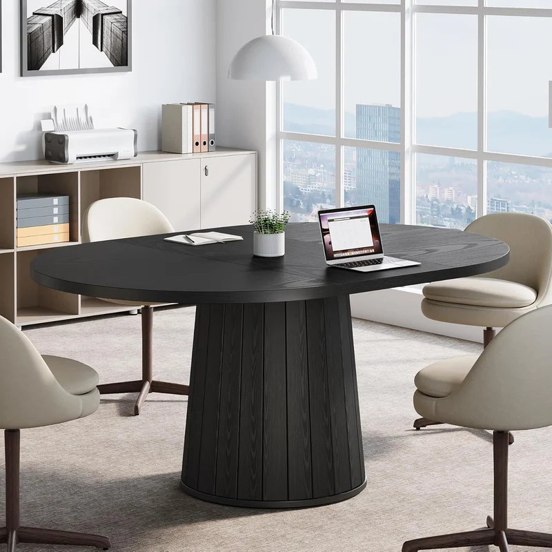 Tribesigns Table de conférence ovale 140 cm pour 6 personnes, Table de réunion en bois avec base stable noire