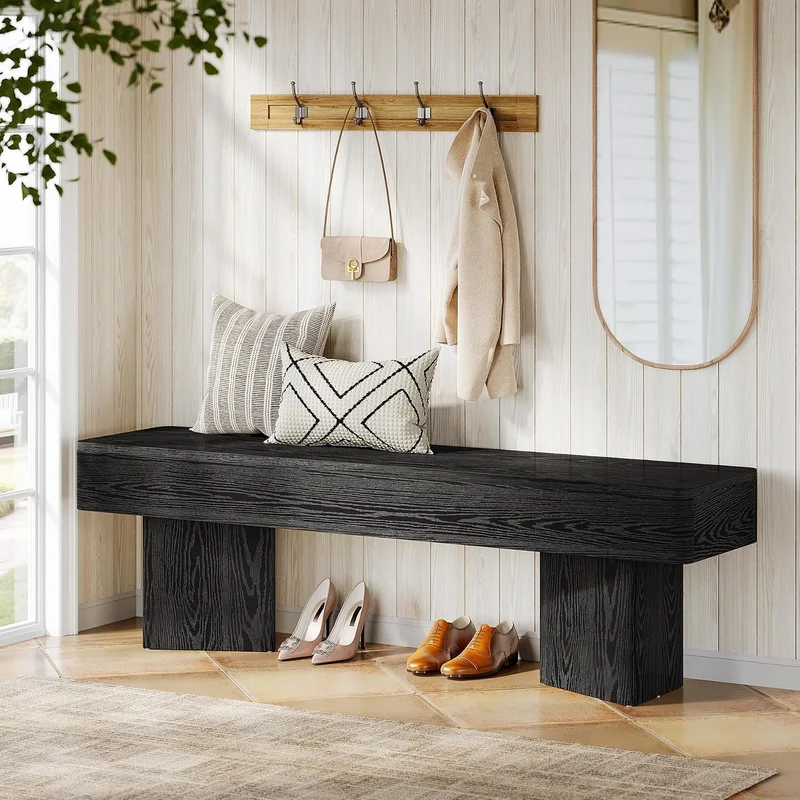 Tribesigns Banc d'entrée noir 120 cm, Banc moderne avec structure prismatique robuste, établi en bois