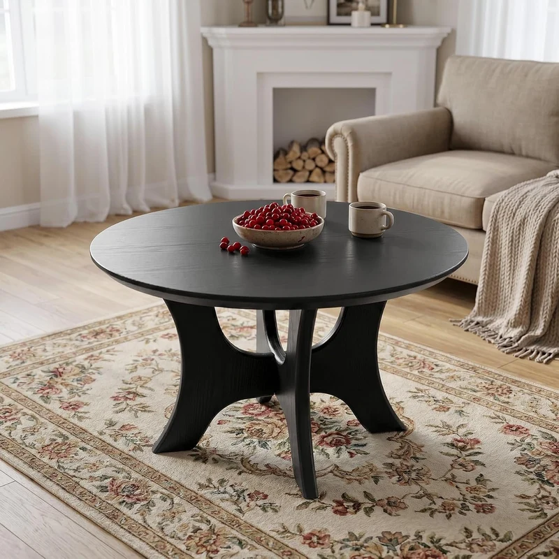 Table basse ronde 80 cm, Table basse de style moderne du milieu du siècle pour le salon, plateau en bois imitation bois et stable, noire
