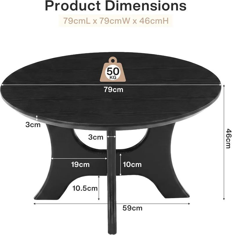 Table basse ronde 80 cm, Table basse de style moderne du milieu du siècle pour le salon, plateau en bois imitation bois et stable, noire