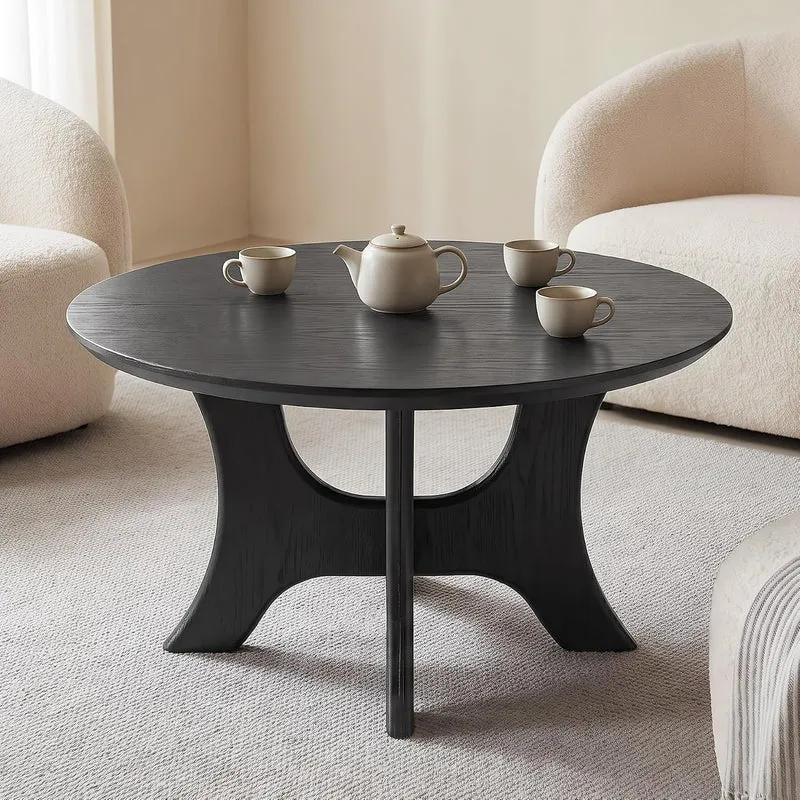 Table basse ronde 80 cm, Table basse de style moderne du milieu du siècle pour le salon, plateau en bois imitation bois et stable, noire