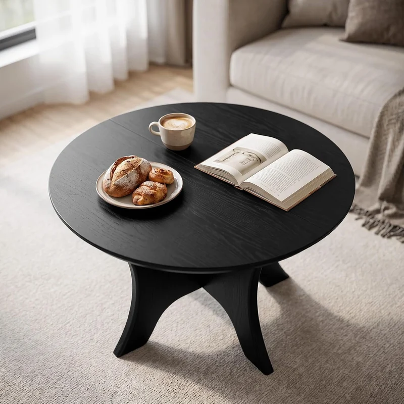Table basse ronde 80 cm, Table basse de style moderne du milieu du siècle pour le salon, plateau en bois imitation bois et stable, noire
