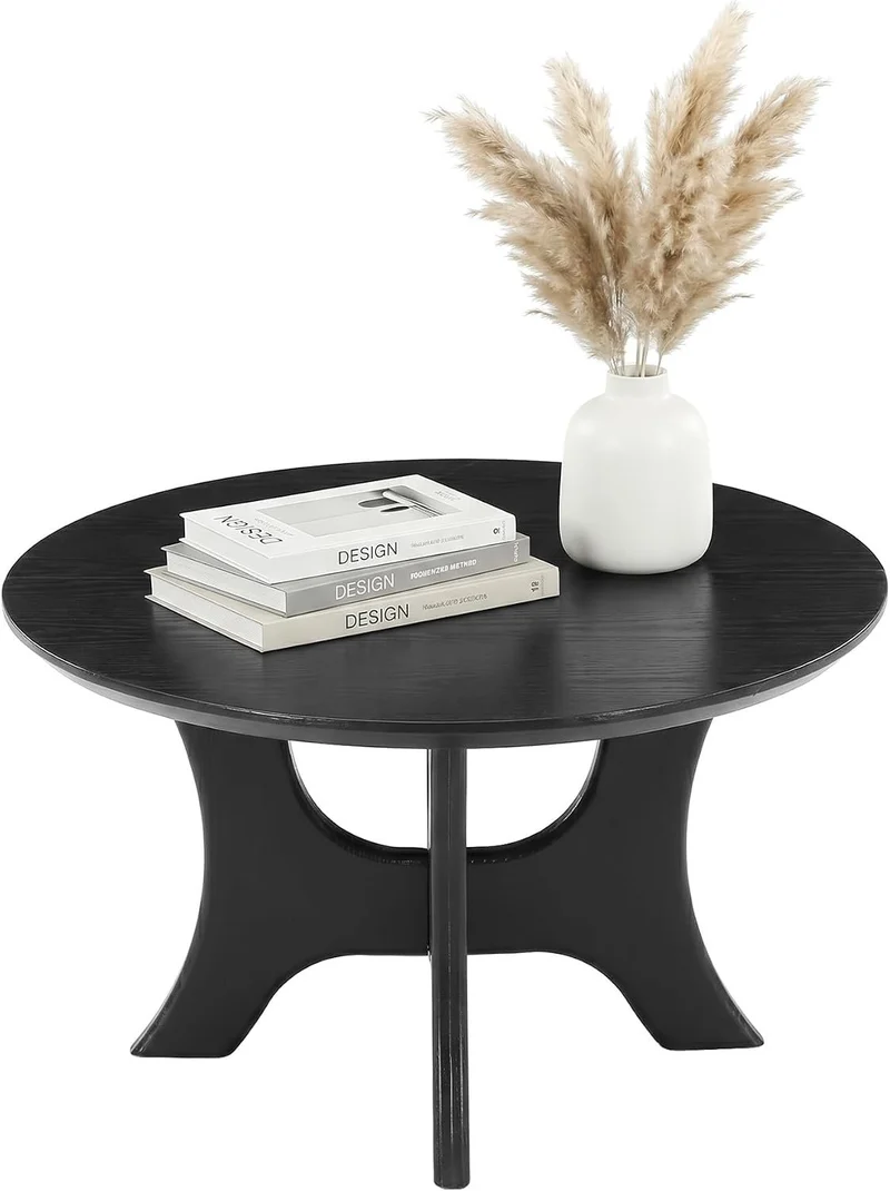 Table basse ronde 80 cm, Table basse de style moderne du milieu du siècle pour le salon, plateau en bois imitation bois et stable, noire