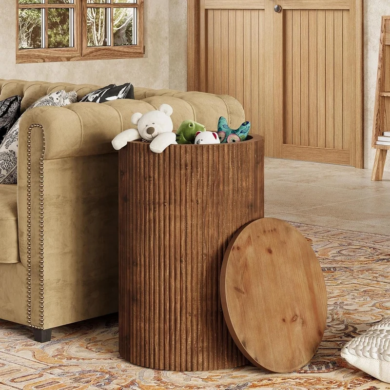 Table d'appoint ronde en bois massif avec rangement, Table d'appoint rainurée à monter soi-même, avec 4 roulettes