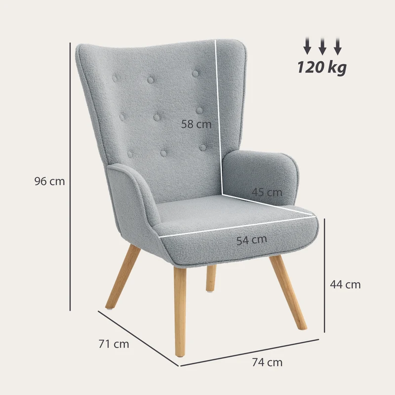 Fauteuil de salon capitonné à oreilles rembourré 71 x 74 x 96 cm confortable style scandinave en polyester gris clair 21_0003538