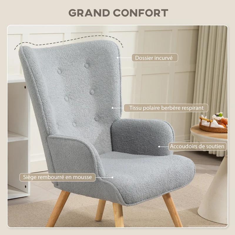 Fauteuil de salon capitonné à oreilles rembourré 71 x 74 x 96 cm confortable style scandinave en polyester gris clair 21_0003538