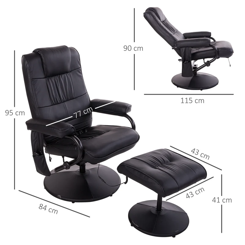 Fauteuil de massage et relaxation pivotant inclinable 77 x 84 x 95 cm 10 points repose-pieds inclus moderne en PU noir 21_0000804