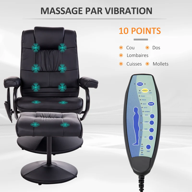 Fauteuil de massage et relaxation pivotant inclinable 77 x 84 x 95 cm 10 points repose-pieds inclus moderne en PU noir 21_0000804