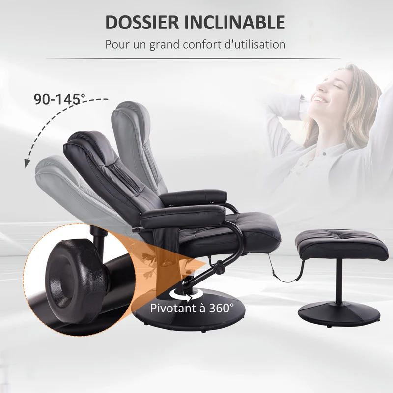 Fauteuil de massage et relaxation pivotant inclinable 77 x 84 x 95 cm 10 points repose-pieds inclus moderne en PU noir 21_0000804