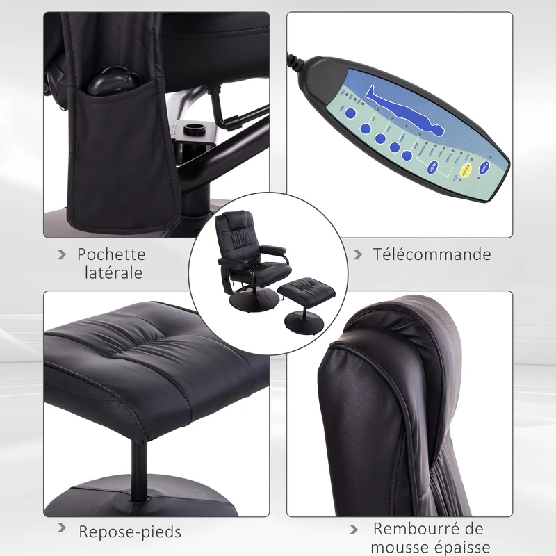 Fauteuil de massage et relaxation pivotant inclinable 77 x 84 x 95 cm 10 points repose-pieds inclus moderne en PU noir 21_0000804