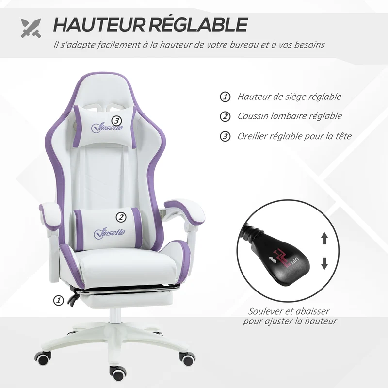 Fauteuil de jeu ergonomique 65 x 65 x 121-129 cm dossier inclinable 135° soutien lombaire moderne tendance en PU blanc 21_0006228