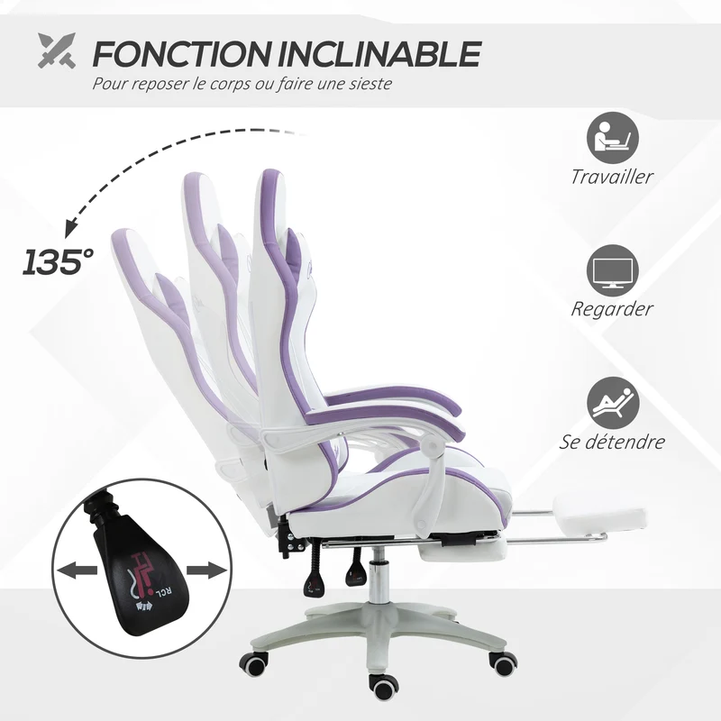 Fauteuil de jeu ergonomique 65 x 65 x 121-129 cm dossier inclinable 135° soutien lombaire moderne tendance en PU blanc 21_0006228