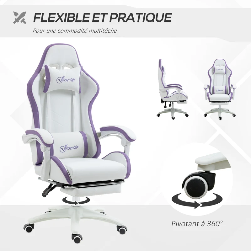 Fauteuil de jeu ergonomique 65 x 65 x 121-129 cm dossier inclinable 135° soutien lombaire moderne tendance en PU blanc 21_0006228