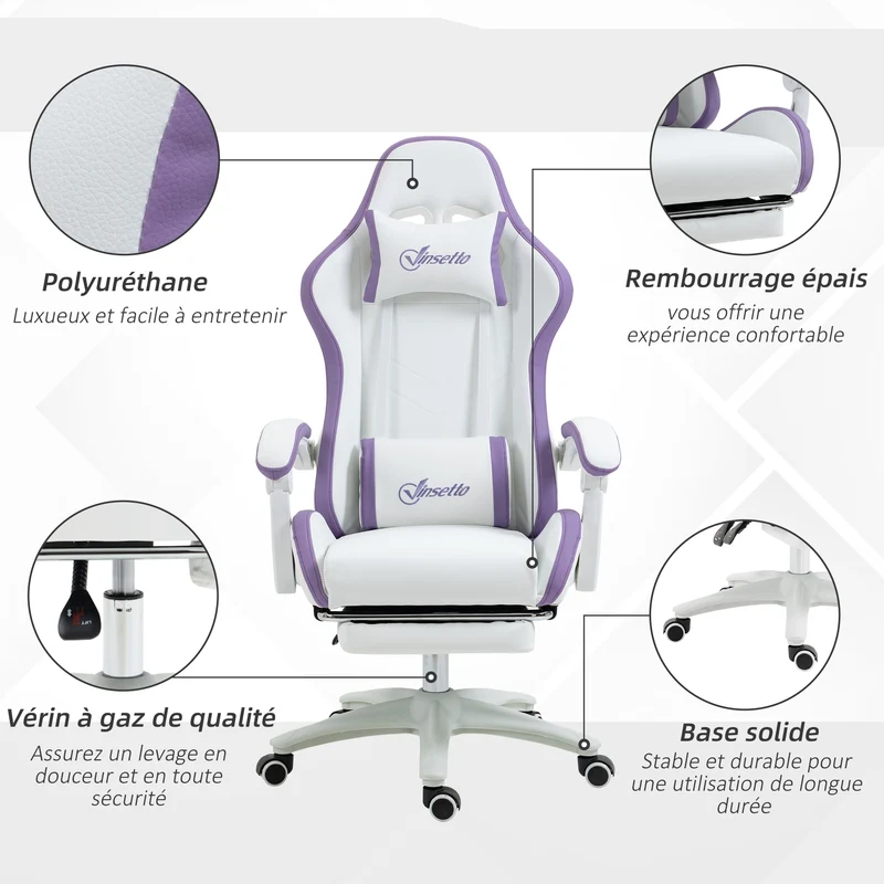 Fauteuil de jeu ergonomique 65 x 65 x 121-129 cm dossier inclinable 135° soutien lombaire moderne tendance en PU blanc 21_0006228