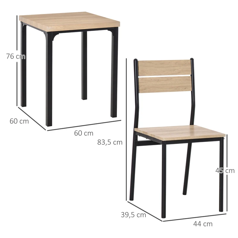 Ensemble table et deux chaises 60 x 60 x 76 cm encastrables ergonomiques industriel contemporain en MDF chêne clair 21_0002169