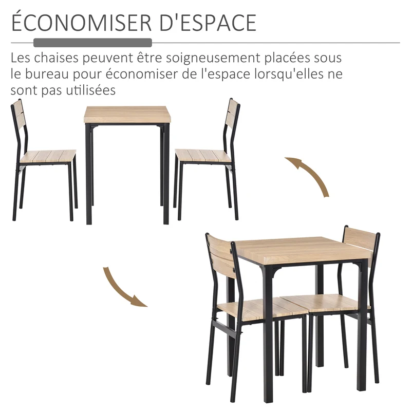 Ensemble table et deux chaises 60 x 60 x 76 cm encastrables ergonomiques industriel contemporain en MDF chêne clair 21_0002169