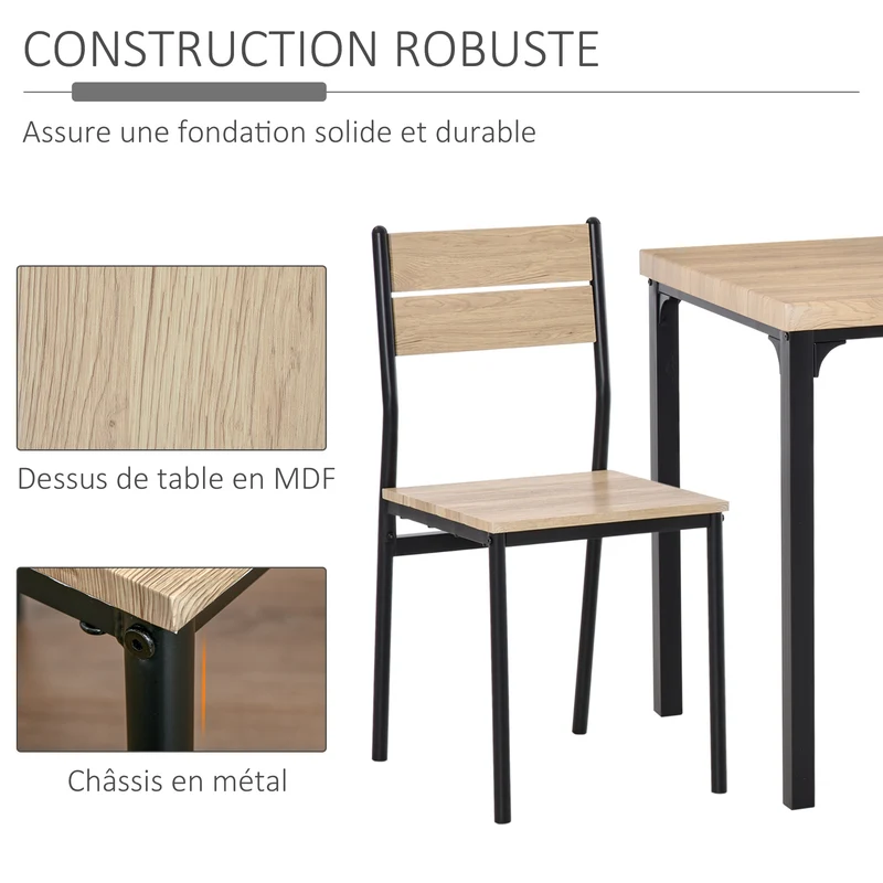Ensemble table et deux chaises 60 x 60 x 76 cm encastrables ergonomiques industriel contemporain en MDF chêne clair 21_0002169