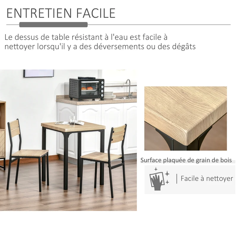 Ensemble table et deux chaises 60 x 60 x 76 cm encastrables ergonomiques industriel contemporain en MDF chêne clair 21_0002169