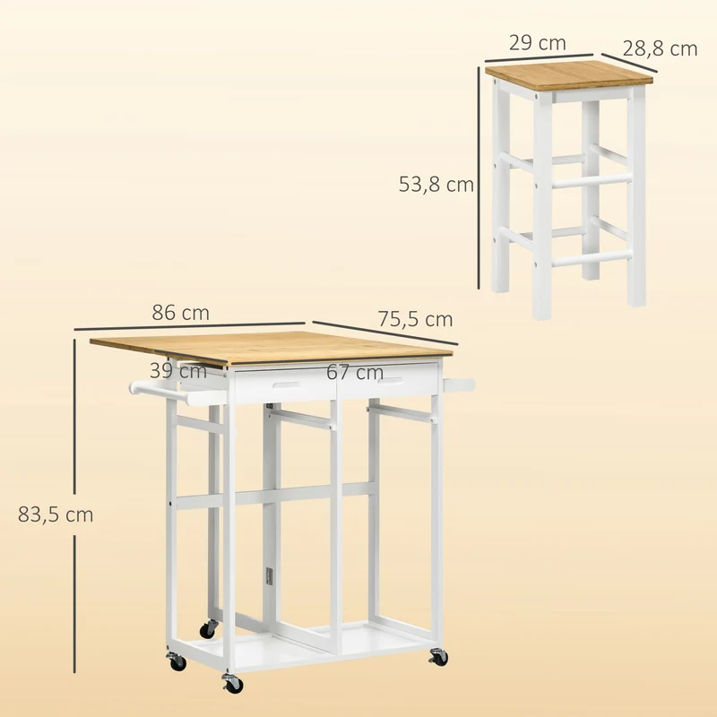 Ensemble table de bar pliable avec 2 tabourets 86 x 75.5 x 83.5 cm gain de place modulable contemporain en bambou blanc 21_0002327