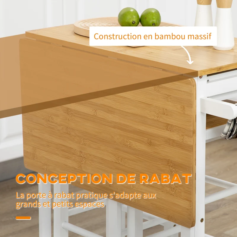 Ensemble table de bar pliable avec 2 tabourets 86 x 75.5 x 83.5 cm gain de place modulable contemporain en bambou blanc 21_0002327