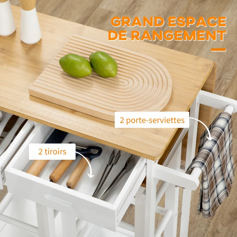 Ensemble table de bar pliable avec 2 tabourets 86 x 75.5 x 83.5 cm gain de place modulable contemporain en bambou blanc 21_0002327