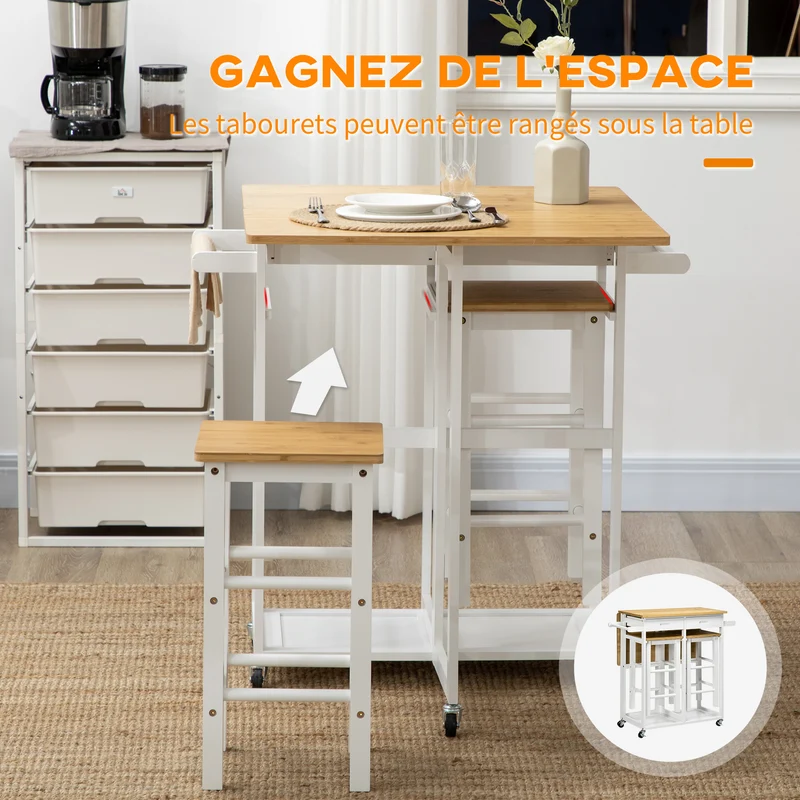 Ensemble table de bar pliable avec 2 tabourets 86 x 75.5 x 83.5 cm gain de place modulable contemporain en bambou blanc 21_0002327
