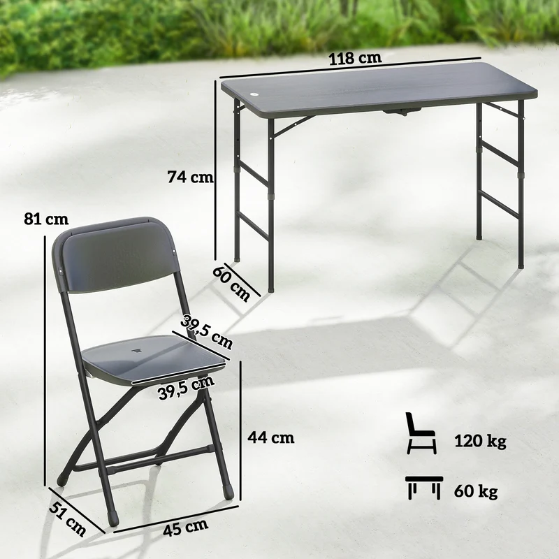 Ensemble jardin pliable 5 pièces table 118 x 60 x 74 cm réglable rangement utile moderne minimaliste en hdpe gris foncé 21_0005392