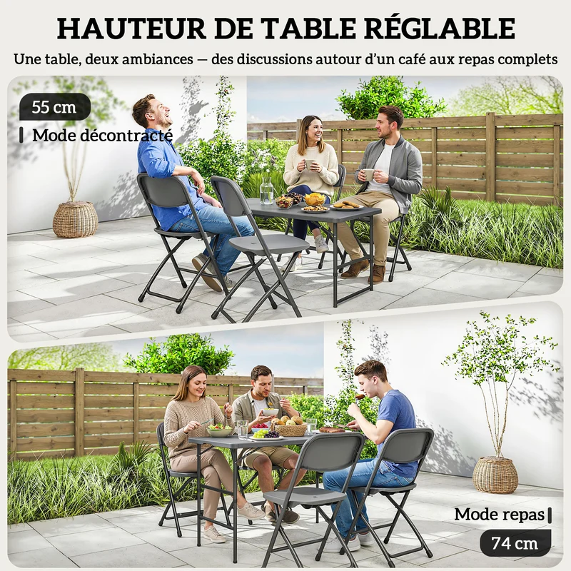 Ensemble jardin pliable 5 pièces table 118 x 60 x 74 cm réglable rangement utile moderne minimaliste en hdpe gris foncé 21_0005392