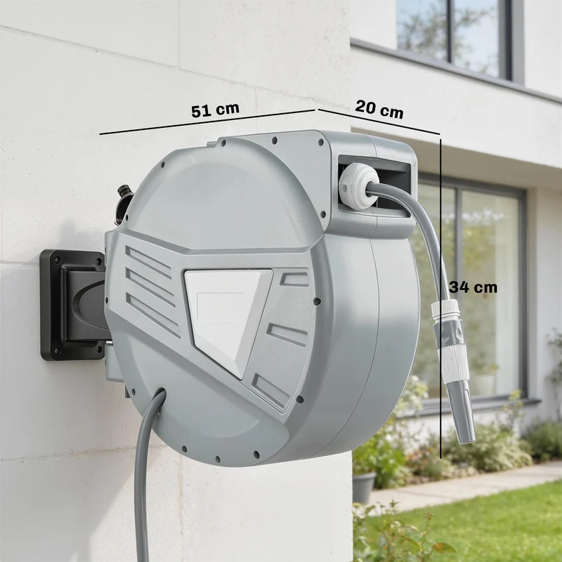 Enrouleur tuyau mural rétractable jardin 51 x 20 x 34 cm verrouillage automatique pivotant 180° moderne épuré en PP gris 21_0005594