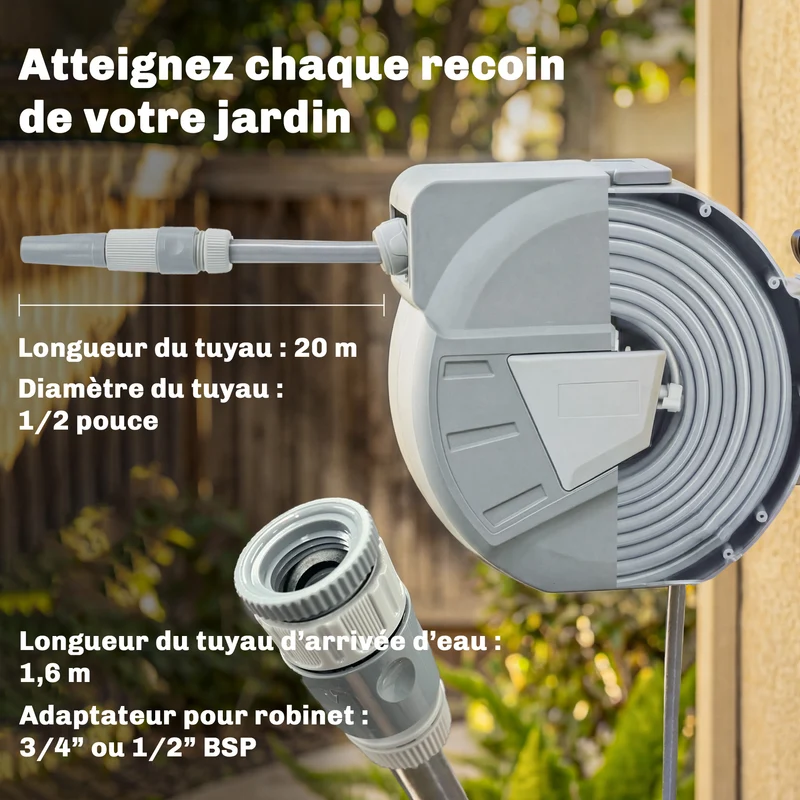 Enrouleur tuyau mural rétractable jardin 51 x 20 x 34 cm verrouillage automatique pivotant 180° moderne épuré en PP gris 21_0005594