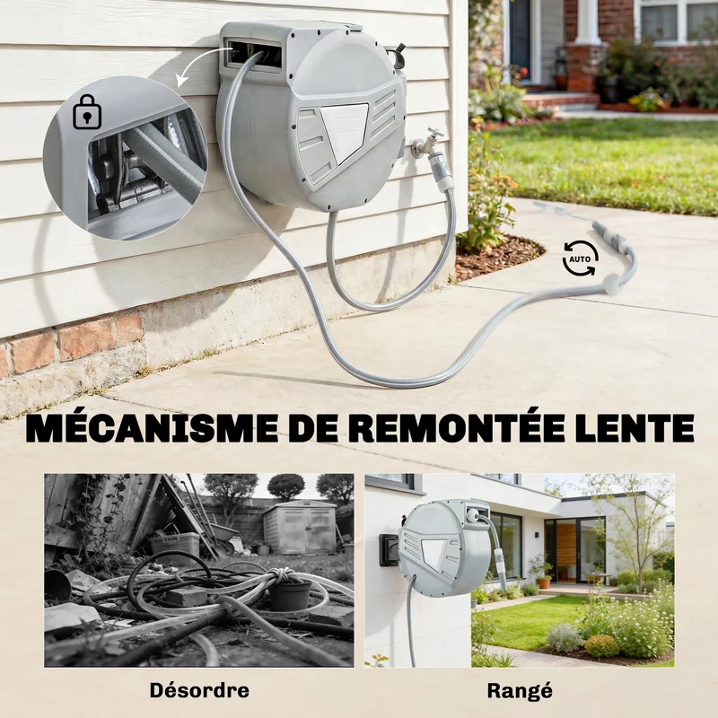 Enrouleur tuyau mural rétractable jardin 51 x 20 x 34 cm verrouillage automatique pivotant 180° moderne épuré en PP gris 21_0005594