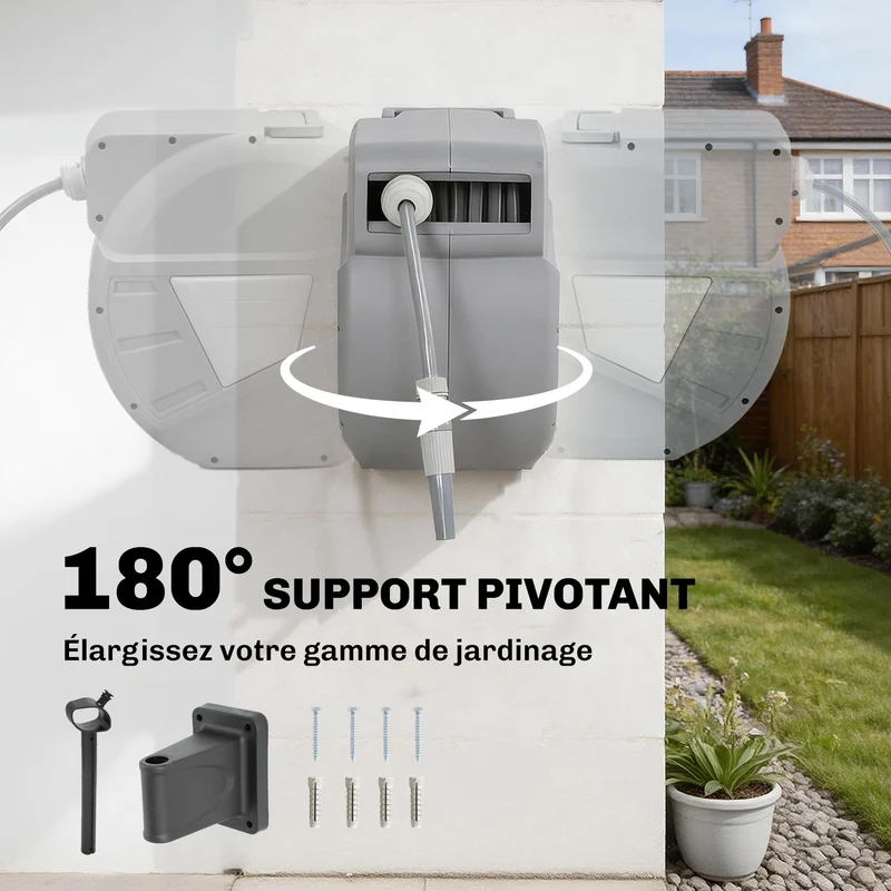 Enrouleur tuyau mural rétractable jardin 51 x 20 x 34 cm verrouillage automatique pivotant 180° moderne épuré en PP gris 21_0005594