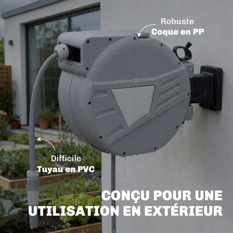 Enrouleur tuyau mural rétractable jardin 51 x 20 x 34 cm verrouillage automatique pivotant 180° moderne épuré en PP gris 21_0005594