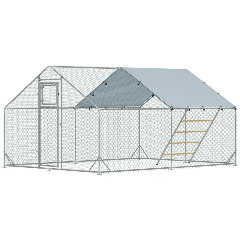 Enclos pour poules jardin 300 x 400 x 195 cm très spacieux sécurisé mangeoire intégrée moderne en acier galvanisé argent 21_0007993